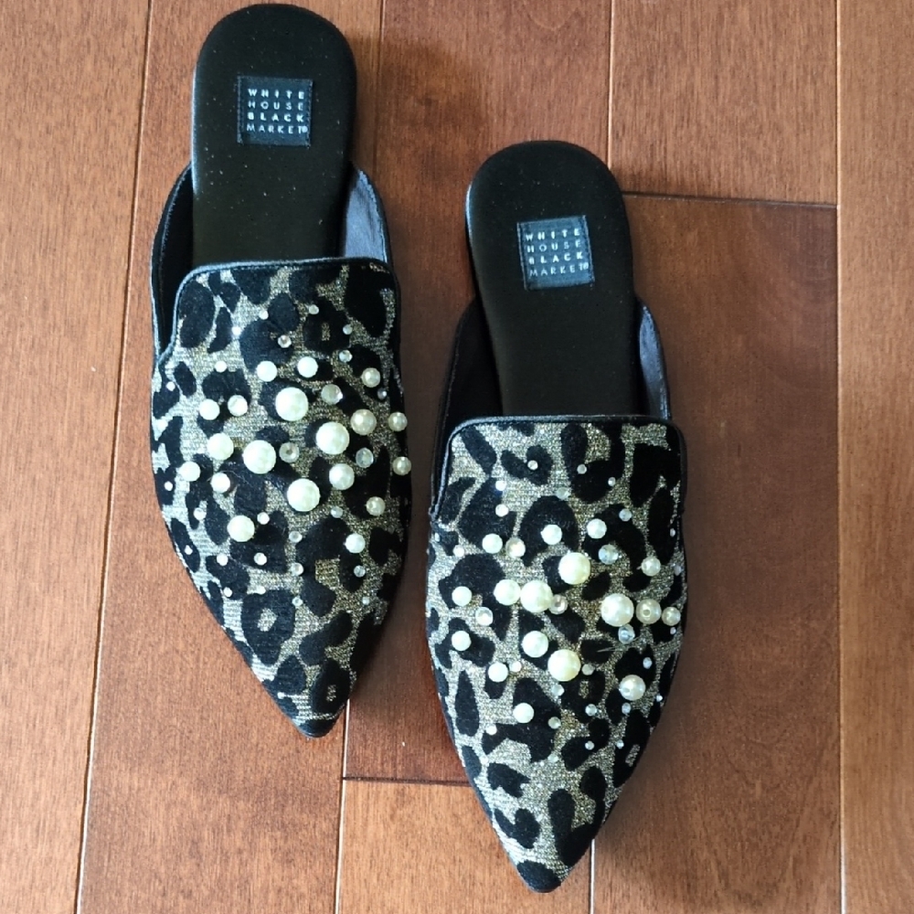 White House Black Market Leopard Print Mules with Pearls